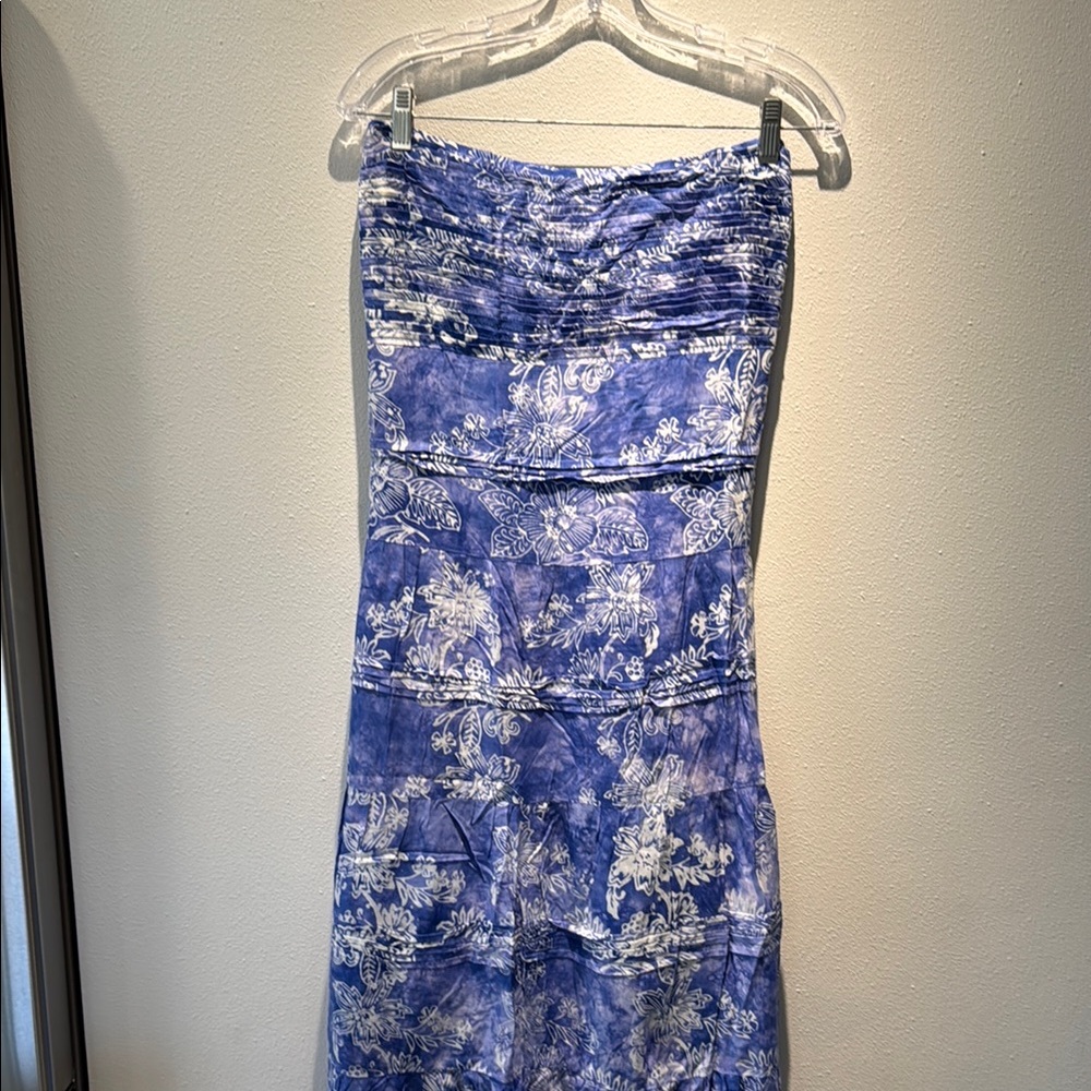 Blue and White Floral Strapless Dress